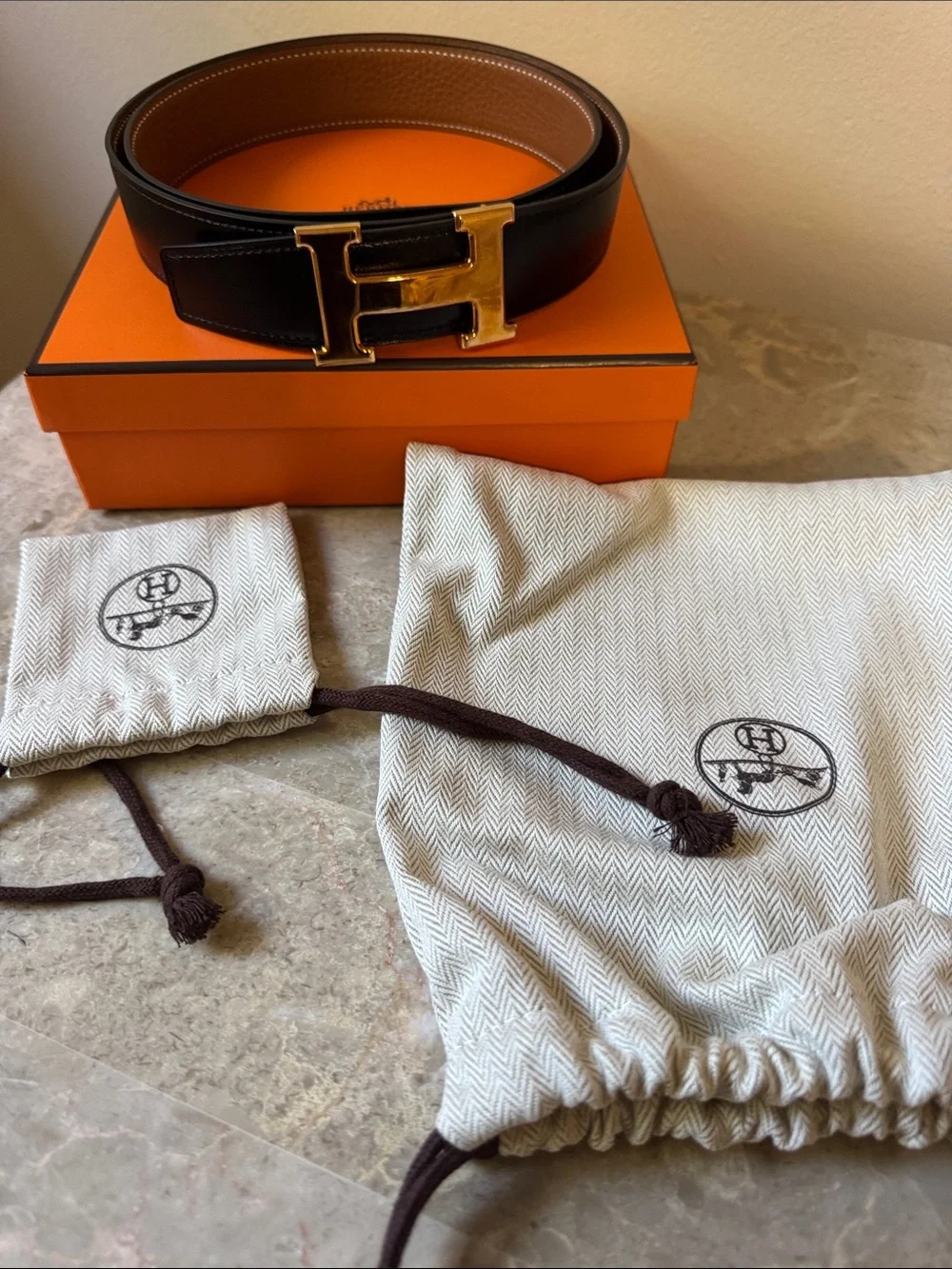 Hermes Black and Brown Reversible Leather Belt with H Buckle